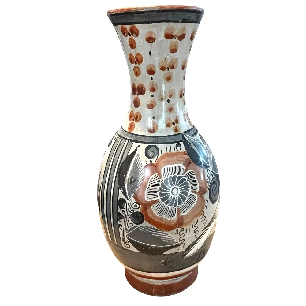 Tonala Oil Water Vase Jug Vintage Signed Solis Rustic Mexican Birds Plants Retro - Picture 6 of 14